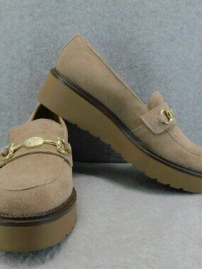 New Giani Bernini 10 Taupe Suede Chunky Heel Loafer Gold Horse‎ Bit Quiet Luxury